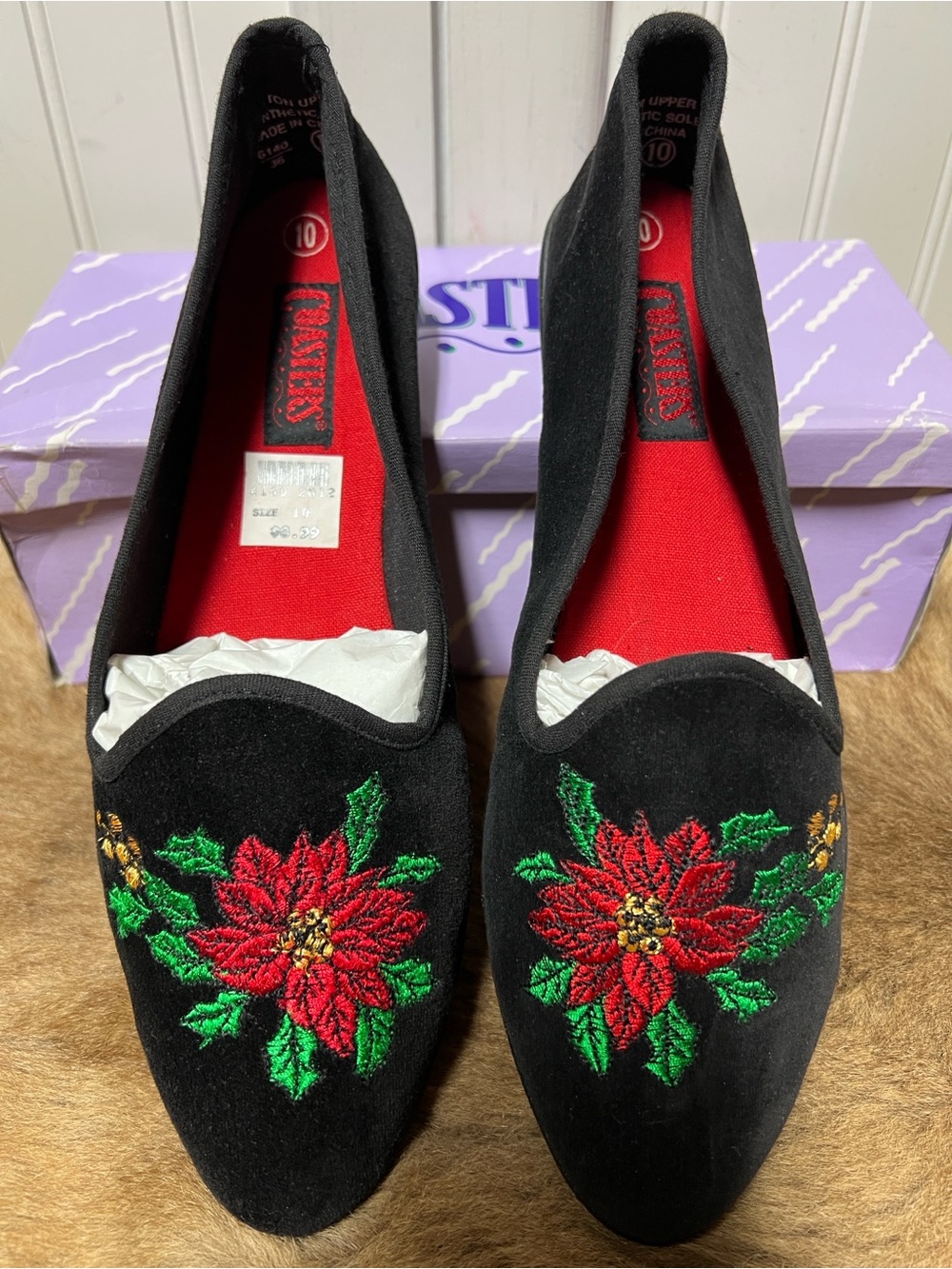 90s Christmas Holiday Black Velvet Flats Shoes 10 Vintage Loafers